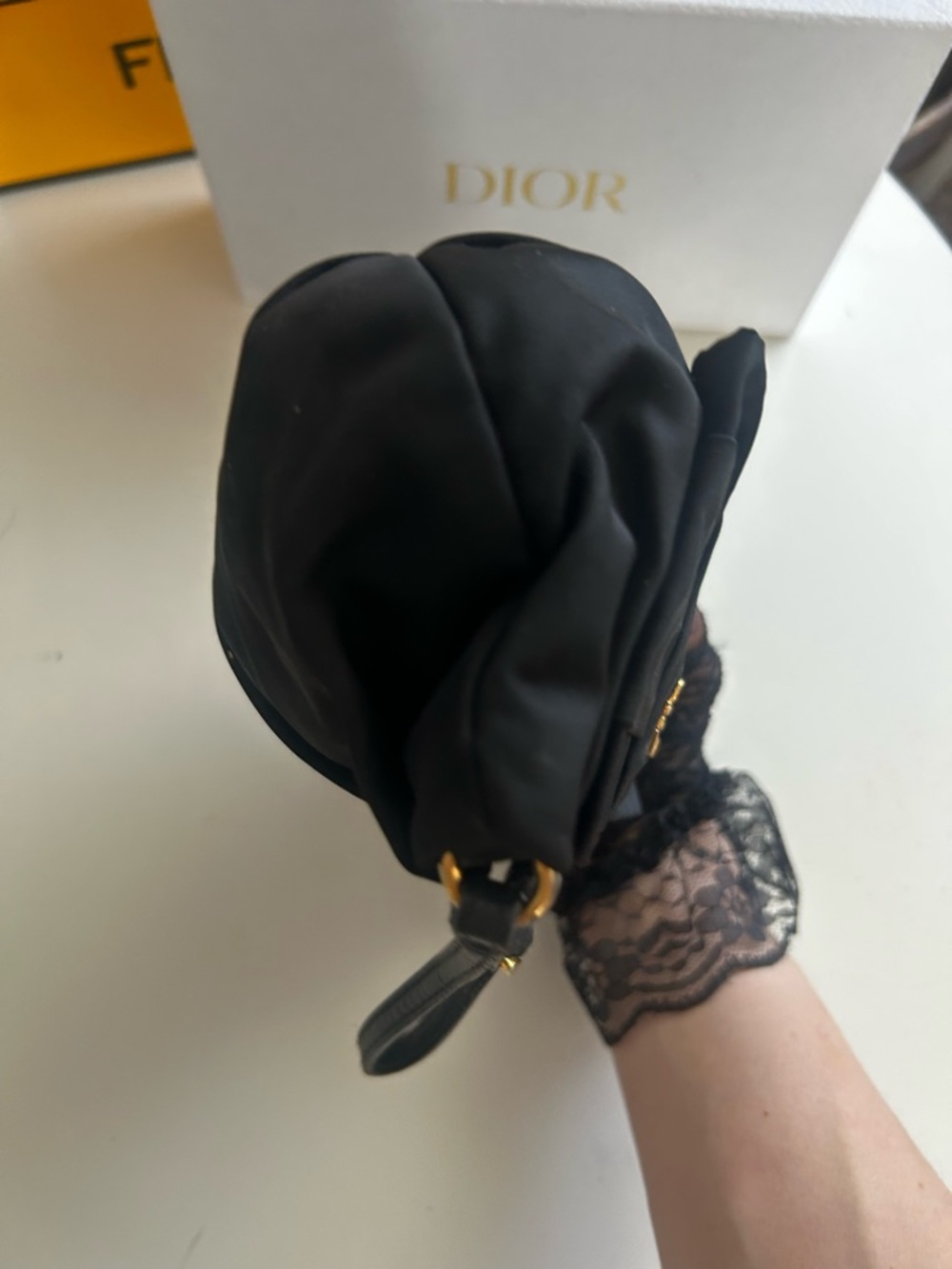 Prada Nylon Logo Ribbon Black Bow Wristlet with Gold Hardware
1N1422 - Picture 14 of 15